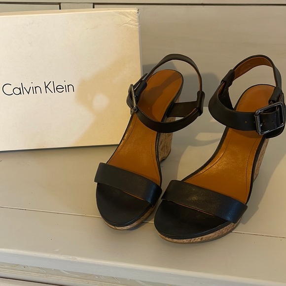 Calvin Klein Shoes - Calvin Klein Black Leather & Cork Wedges Sz 10